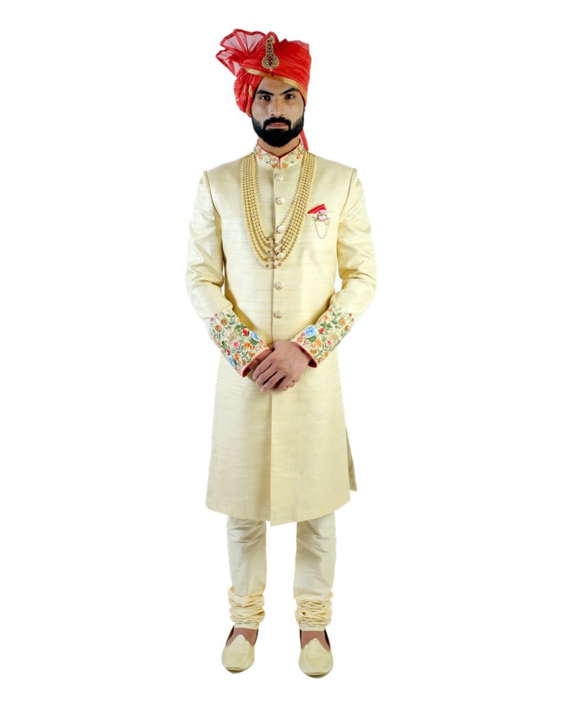 Five Piece Multi Colour Collar Sherwani in Golden