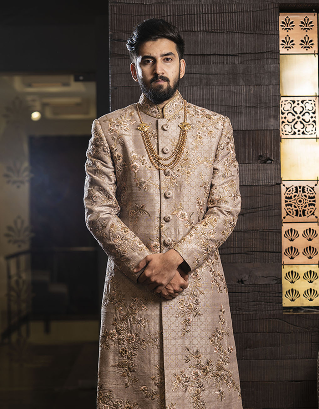Two-piece Pure Silk Embroidery Sherwani in Peach - The HUB