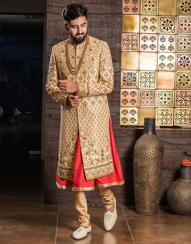 Three-Piece Sherwani in Art Silk with Zardosi Handwork in Golden ...