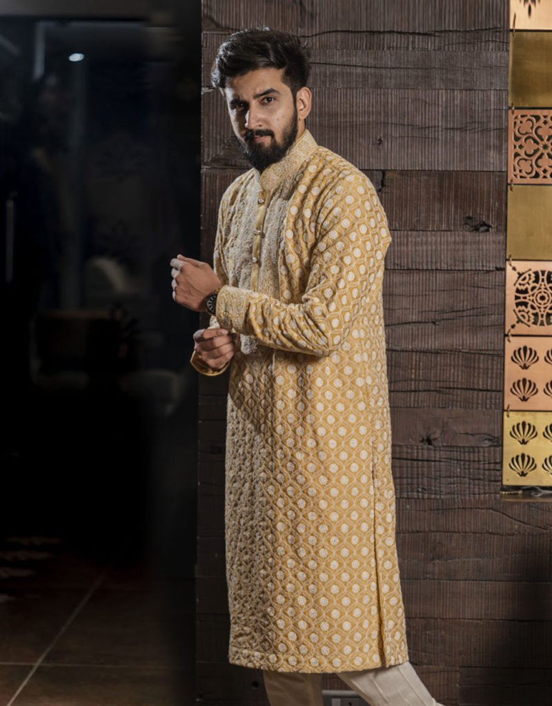 Two piece Lakhnawi Kurta Pyjama Set in Mustard Colour