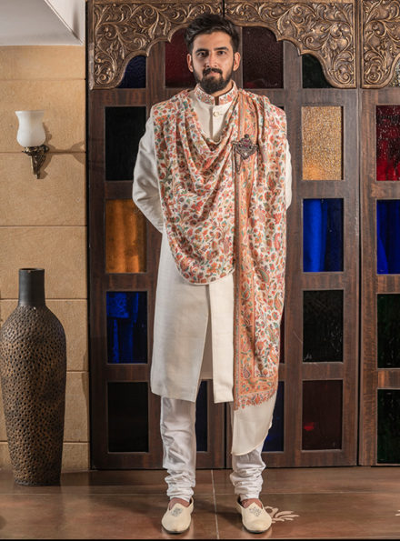 4 Piece Sherwani Cream Kurta in Matka Silk