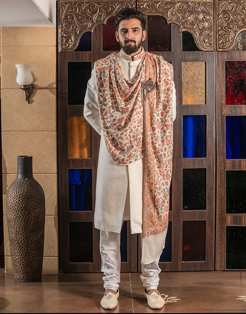 Four-Piece Sherwani in Matka Silk with French Threadwork in Cream ...