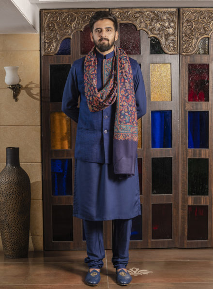 Four-piece Matka Silk Waistcoat Set in Navy Blue