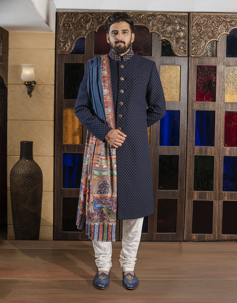 Three-piece Nawabi Pure Silk Sherwani in Navy Blue