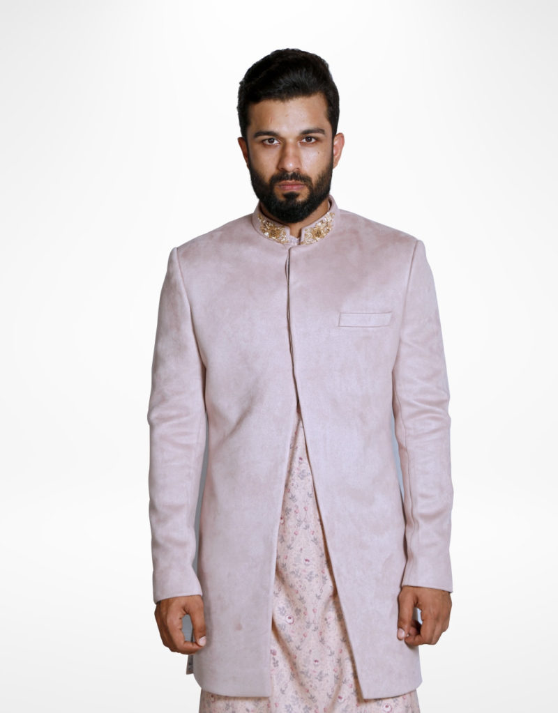 Three piece Suede Velvet Indo Western in Onion Pink