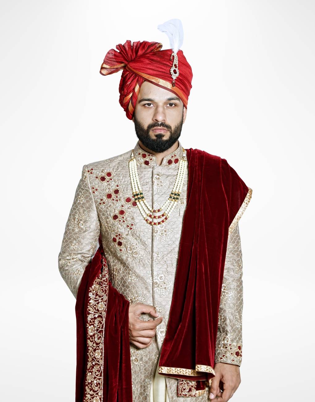 Four-piece Zardosi Work Sherwani in Light Olive With Attached ...