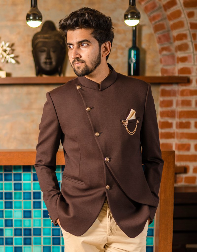 One piece Stretch Lycra Jodhpuri Suit in Brown