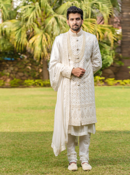 Four-piece White lucknowi Sherwani