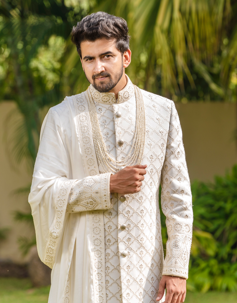 Buy Four Piece White Lucknowi Sherwani | Mens Indo Western Sherwani