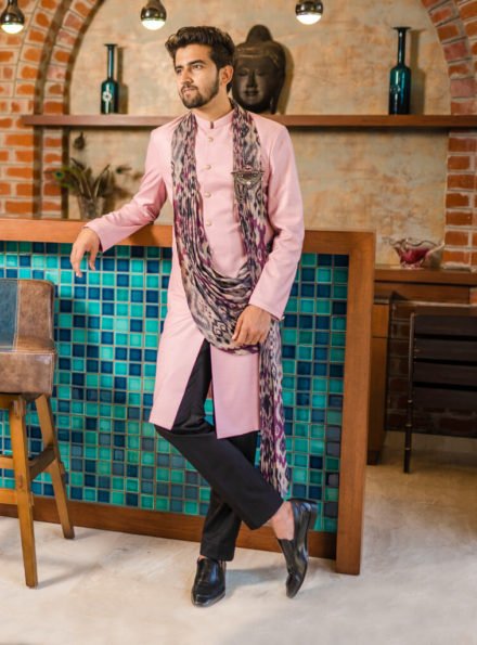Two piece Indo Western in Pink With Black Trouser