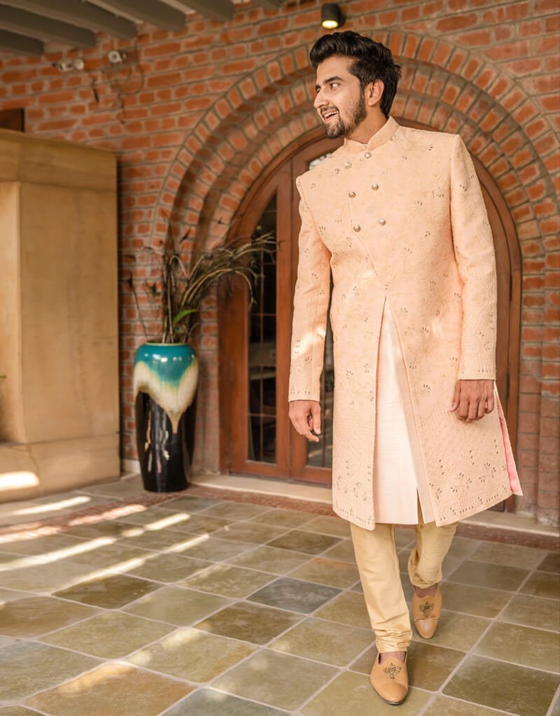 Three-piece Sherwani Suit in Cream With Gold Chudidar