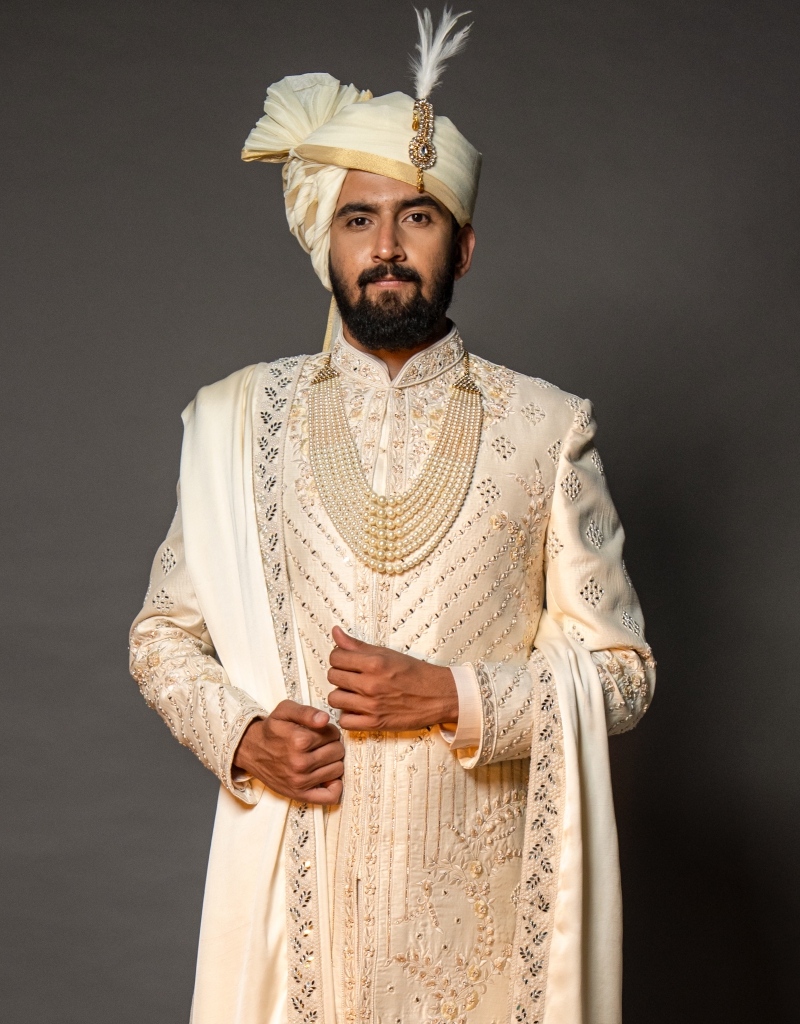Three-piece All Over Thread and Mirror Work Sherwani in Ivory with ...