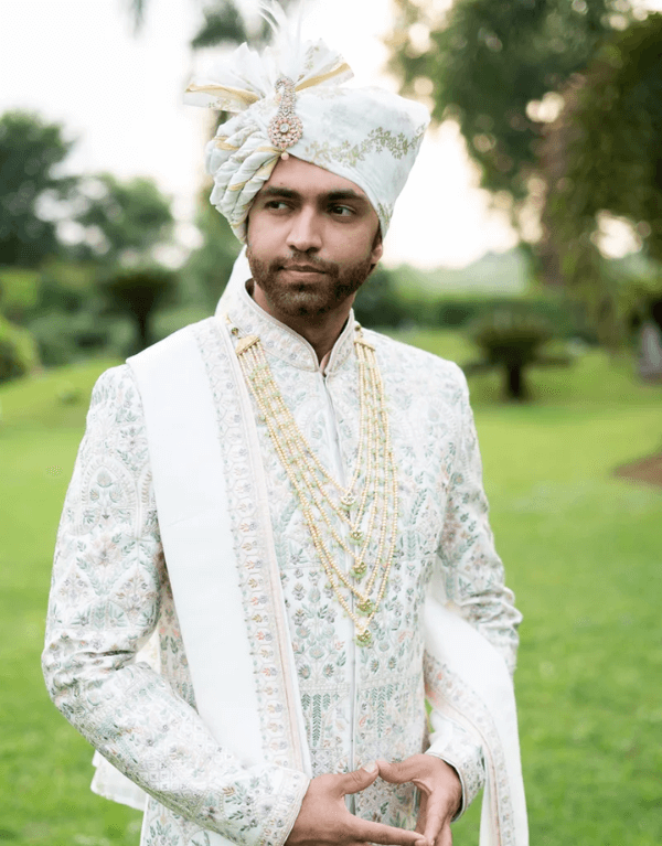 Four-piece Pure Silk Sherwani in Ivory